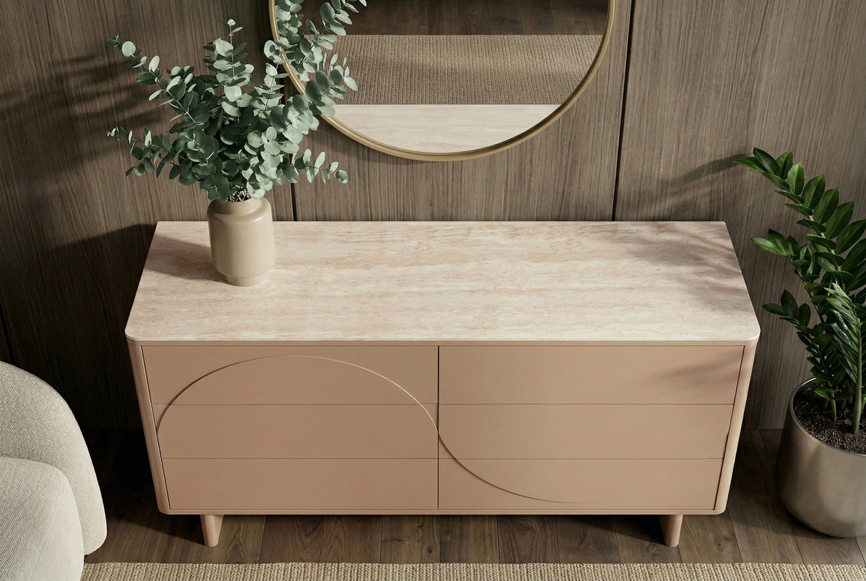 Sideboard SAVOY 150 cm 3D Natur mit Travertinmarmor-Keramikplatte