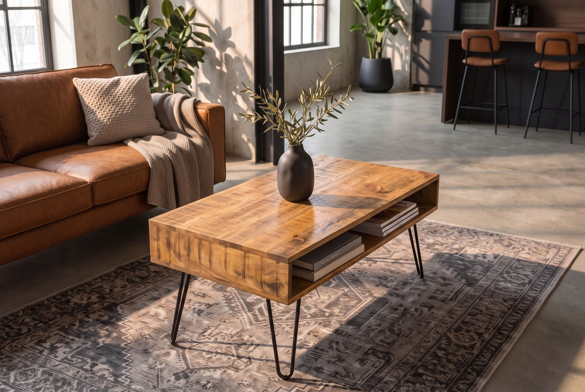 Couchtisch SCORPION 100 cm mit offenen Staufächern Mangoholz natur Haarnadelbeine