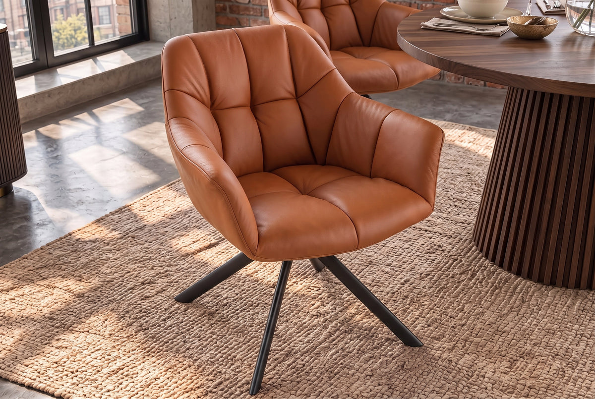 Swivel chair PAPILLON 180° rotatable w/ armrests leather cognac