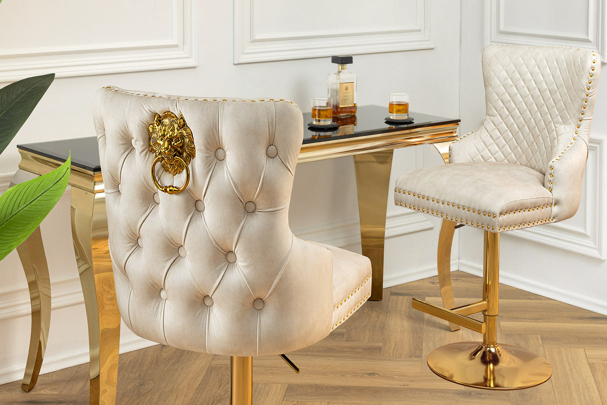 Bar stool CASTLE height adjustable w/ lion´s head handle velvet beige golden legs in baroque style