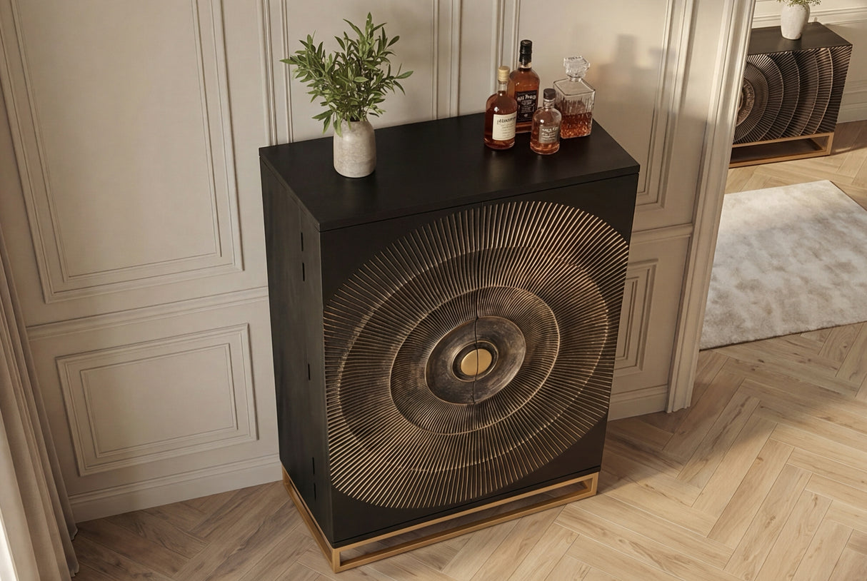 Barschrank GOLDEN SUNSET 140cm 3D Mangoholz schwarz