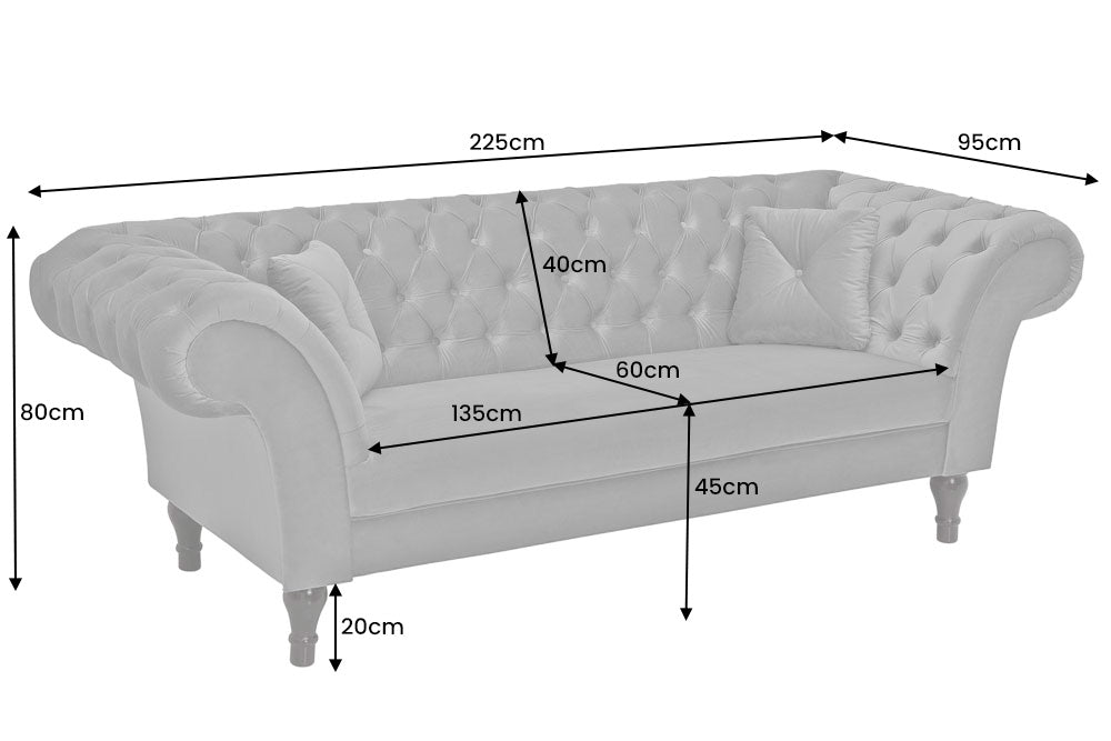 Sofa PARIS CHESTERFIELD 225cm Samt silbergrau
