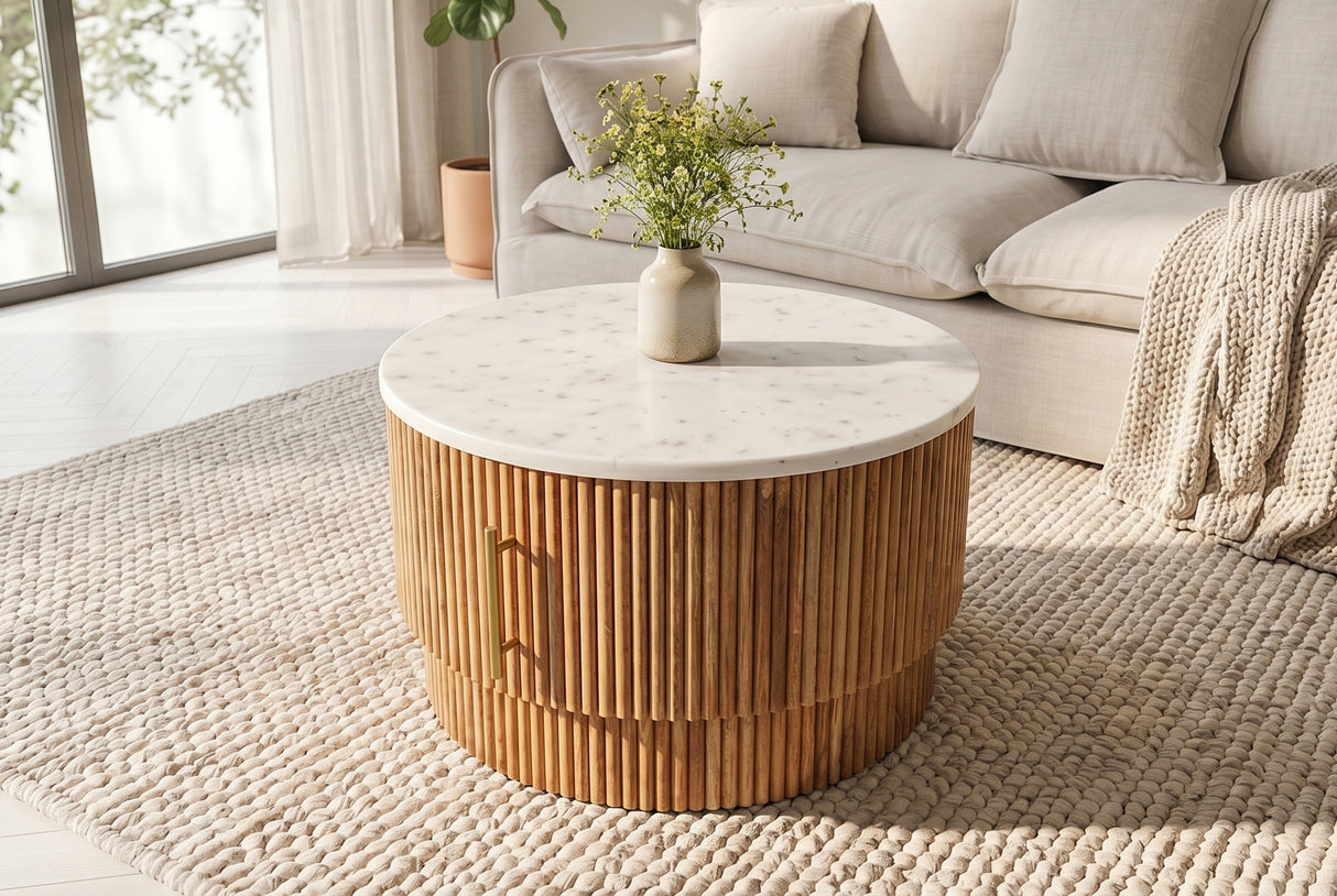 Couchtisch TRES CHIC Ø 60cm rund Mangoholz natur mit weißer Marmorplatte