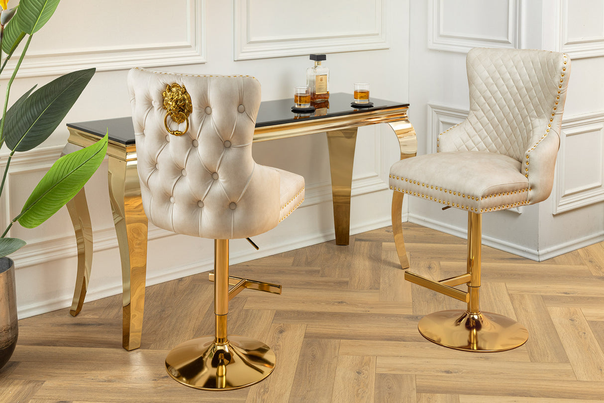 Bar stool CASTLE height adjustable w/ lion´s head handle velvet beige golden legs in baroque style