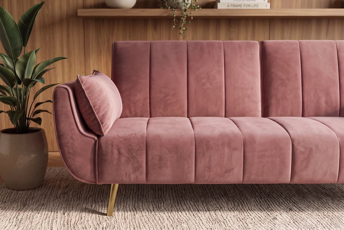 Schlafsofa DIVANI 220cm mit Armlehnenkissen Samt altrosa Metallfüße gold