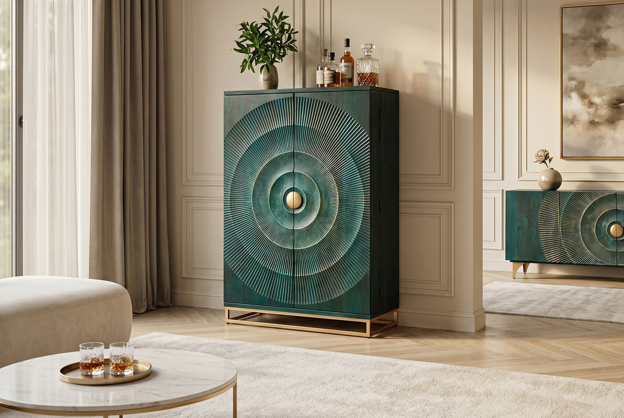 Bar cabinet GOLDEN SUNSET 140cm 3D mango wood turquoise
