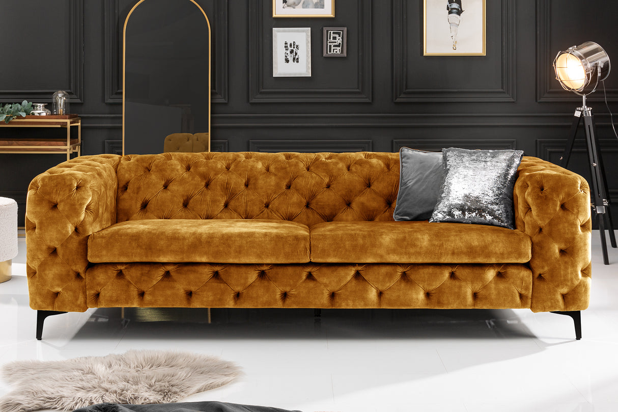 Sofa MODERN BAROCK 240cm 3-seater velvet mustard yellow in chesterfield style