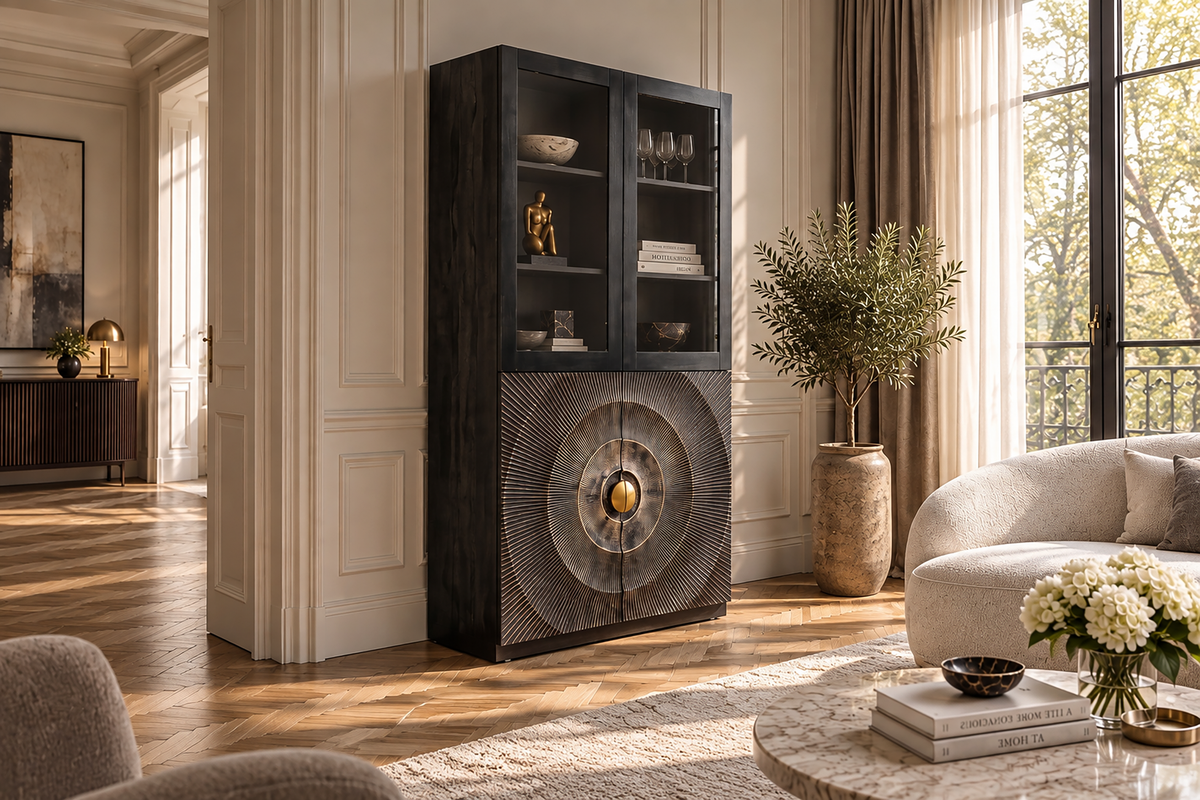 Highboard GOLDEN SUNSET 180cm 3D w/ glass doors mango wood black gold
