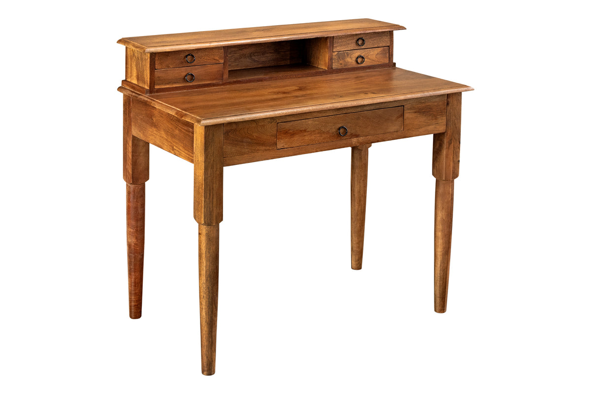 Davenport Schreibtisch HEMINGWAY 90cm mit Schubladen und offenem Ablagefach Mangoholz braun honigfarbenes Finish
