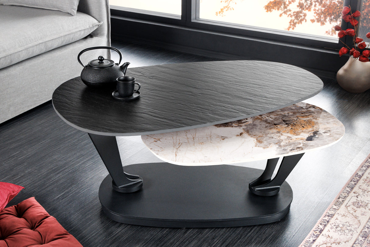 Couchtisch MOVEMENT 95-160cm Keramik schwarz und Natursteinoptik