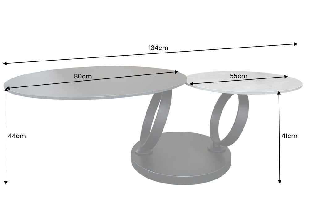 Coffee table DANCING RINGS 80-135cm rotatable ceramic black and natural stone look