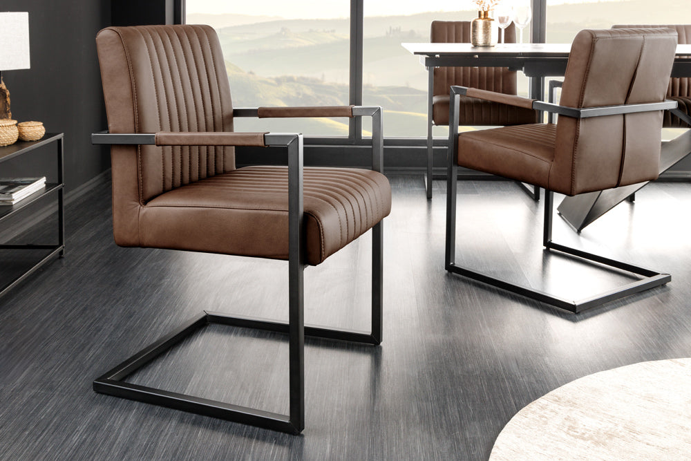 Cantilever chair BIG ASTON w/ armrests spring core black metal legs leather vintage brown