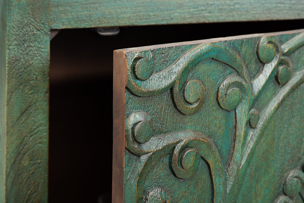 Highboard PEACOCK 170cm 3D mango wood antique look dark green gold handmade