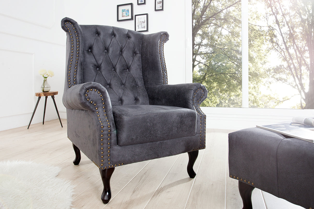 Wing chair CHESTERFIELD antique look microfibre grey