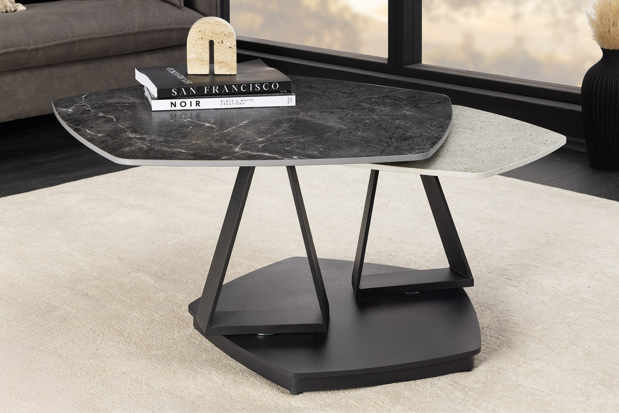 Coffee table MOVEMENT 80-130cm rotatable ceramic top grey and anthracite marble look
