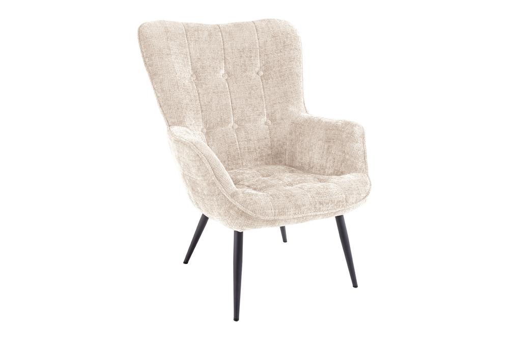 Armchair SCANDINAVIA w/ armrests and black metal legs chenille fabric champagne