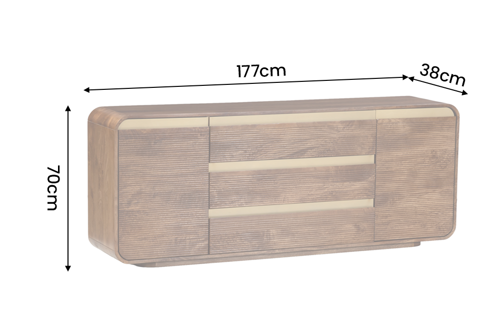 Sideboard MONZA 180cm fluted front rounded edges mango wood brown w/ gold details