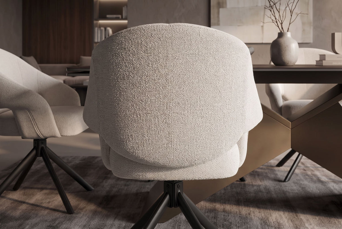 Drehstuhl BELLAGIO 180° Auto-Return-Funktion mit Armlehnen Rückenlehnenaussparungen Chenille beige Metallgestell schwarz