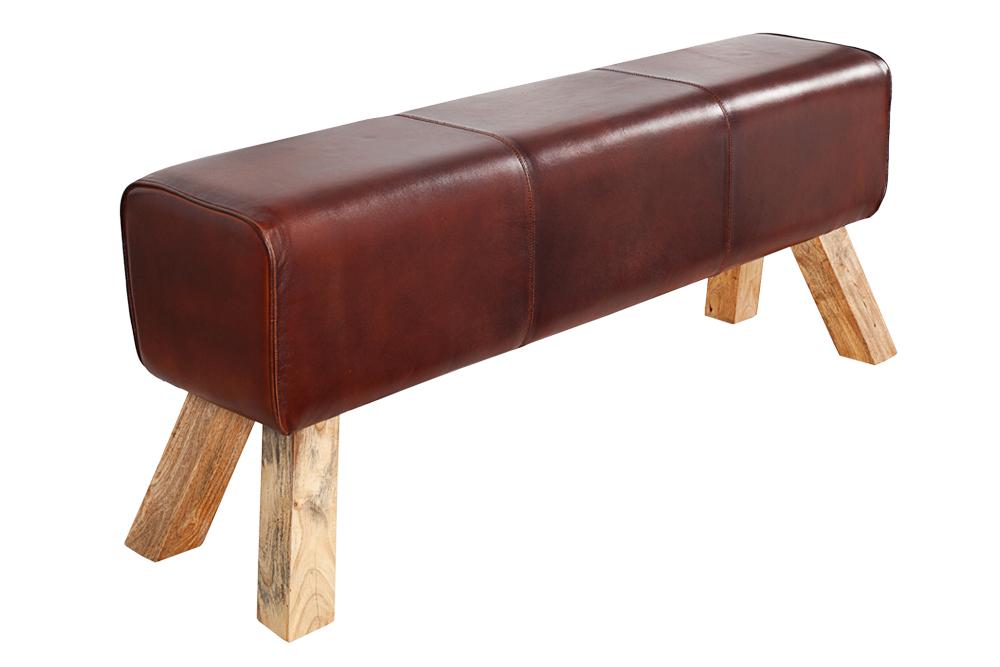 Bench TURNBOCK 120cm upholstered seat mango wood natural genuine leather coffee brown