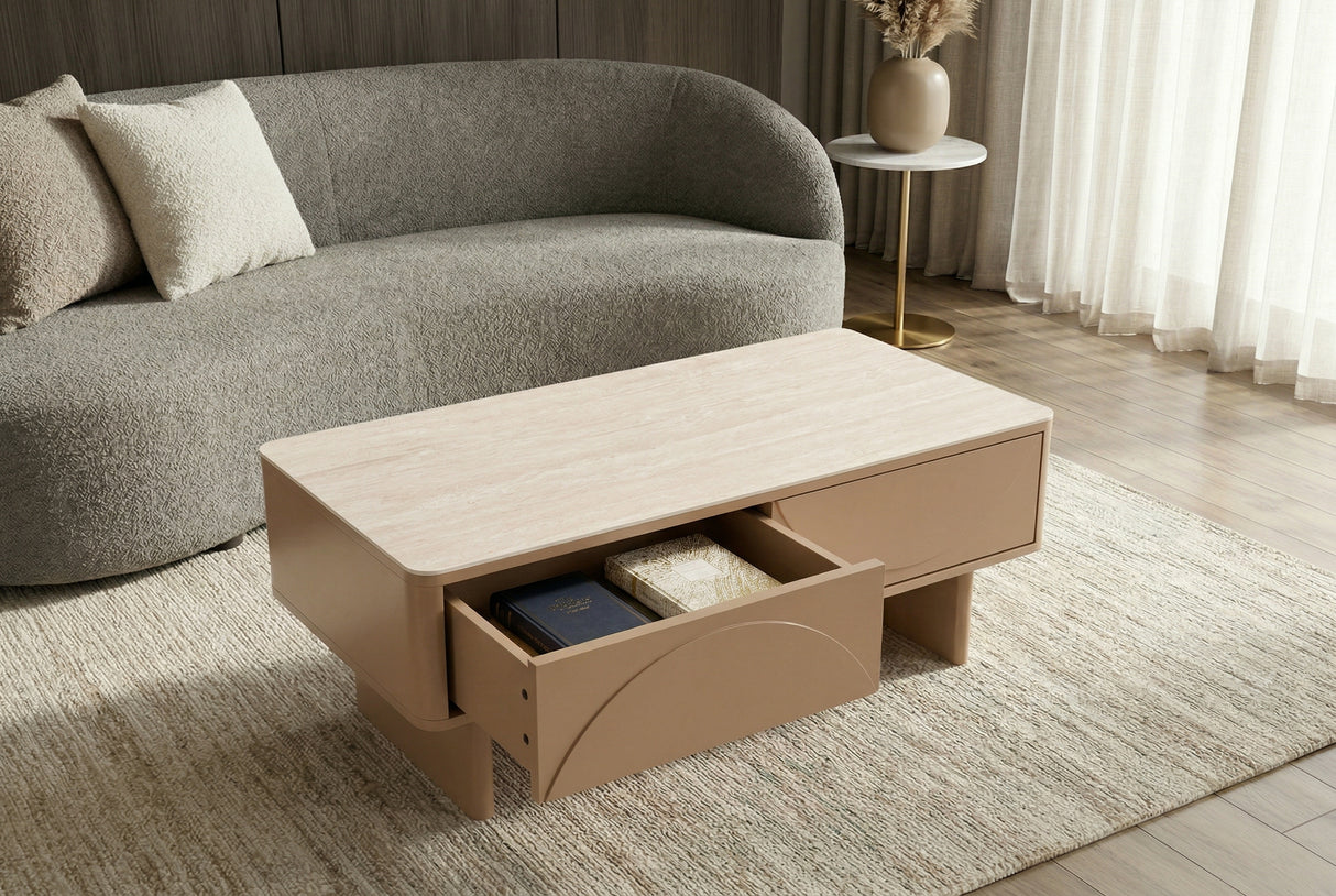Coffee table SAVOY 120cm 3D natural w/ travertine marble ceramic top