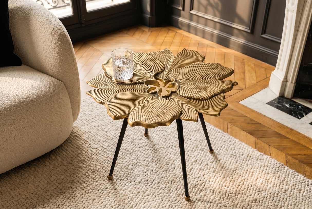 Coffee table GINKGO LEAVES 55cm gold with black legs