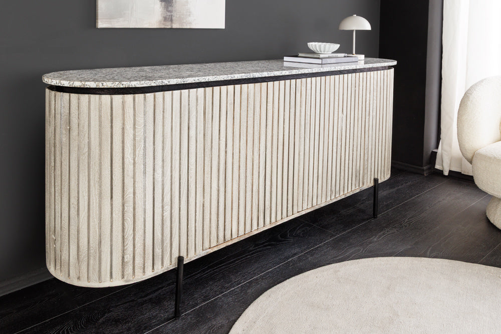 Sideboard ADLON 170cm mango wood grey w/ marble top white and black