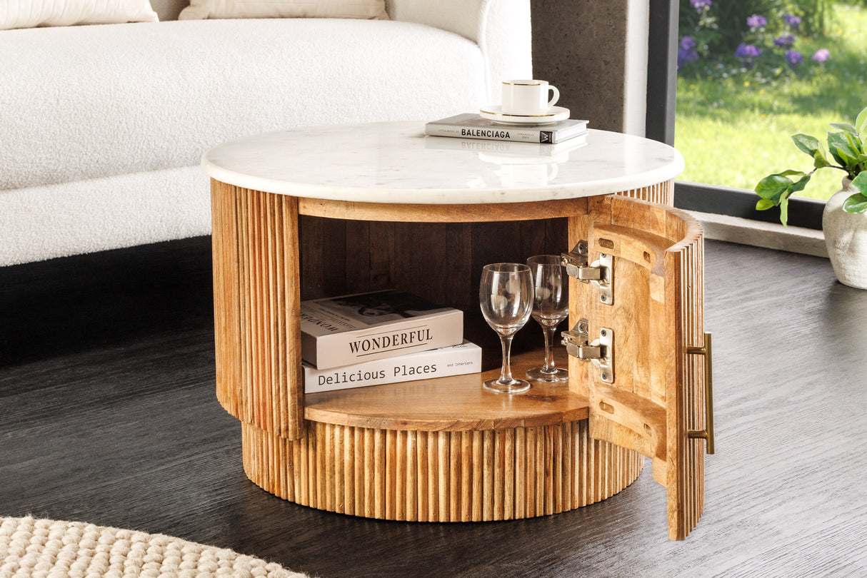 Coffee table TRES CHIC Ø 60cm round mango wood natural w/ white marble top