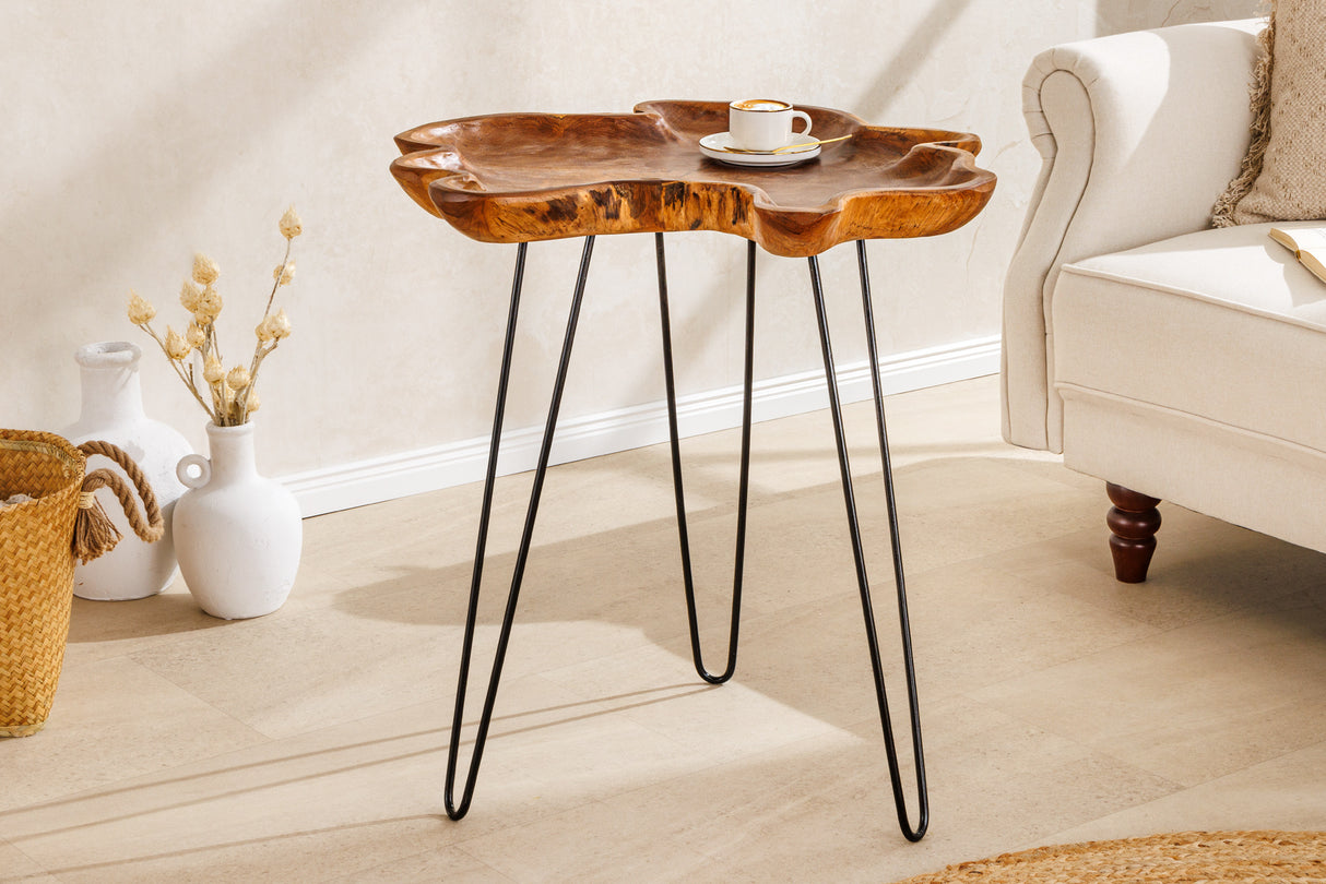 Beistelltisch WILD 65cm Teakholz naturbraun mit Harpinbeinen schwarz