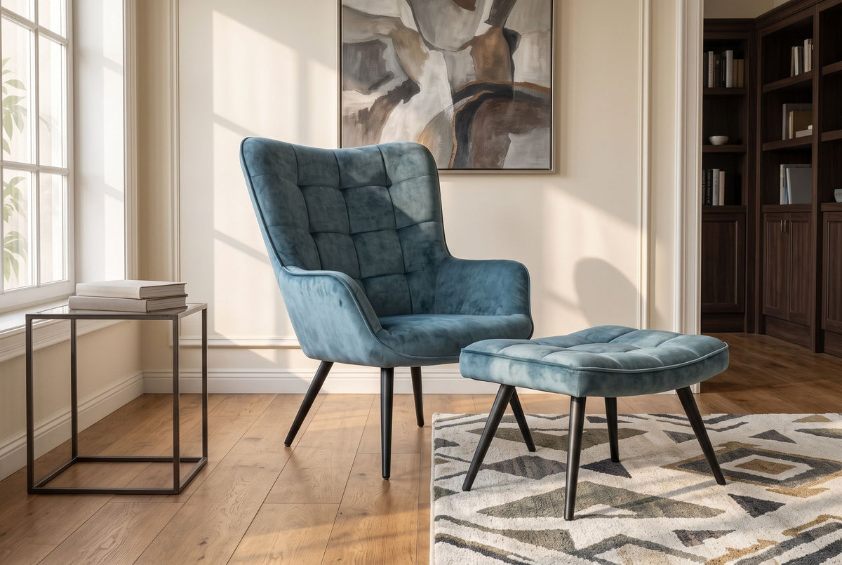 Armchair SCANDINAVIA stitched backrest velvet petrol w/ black metal legs
