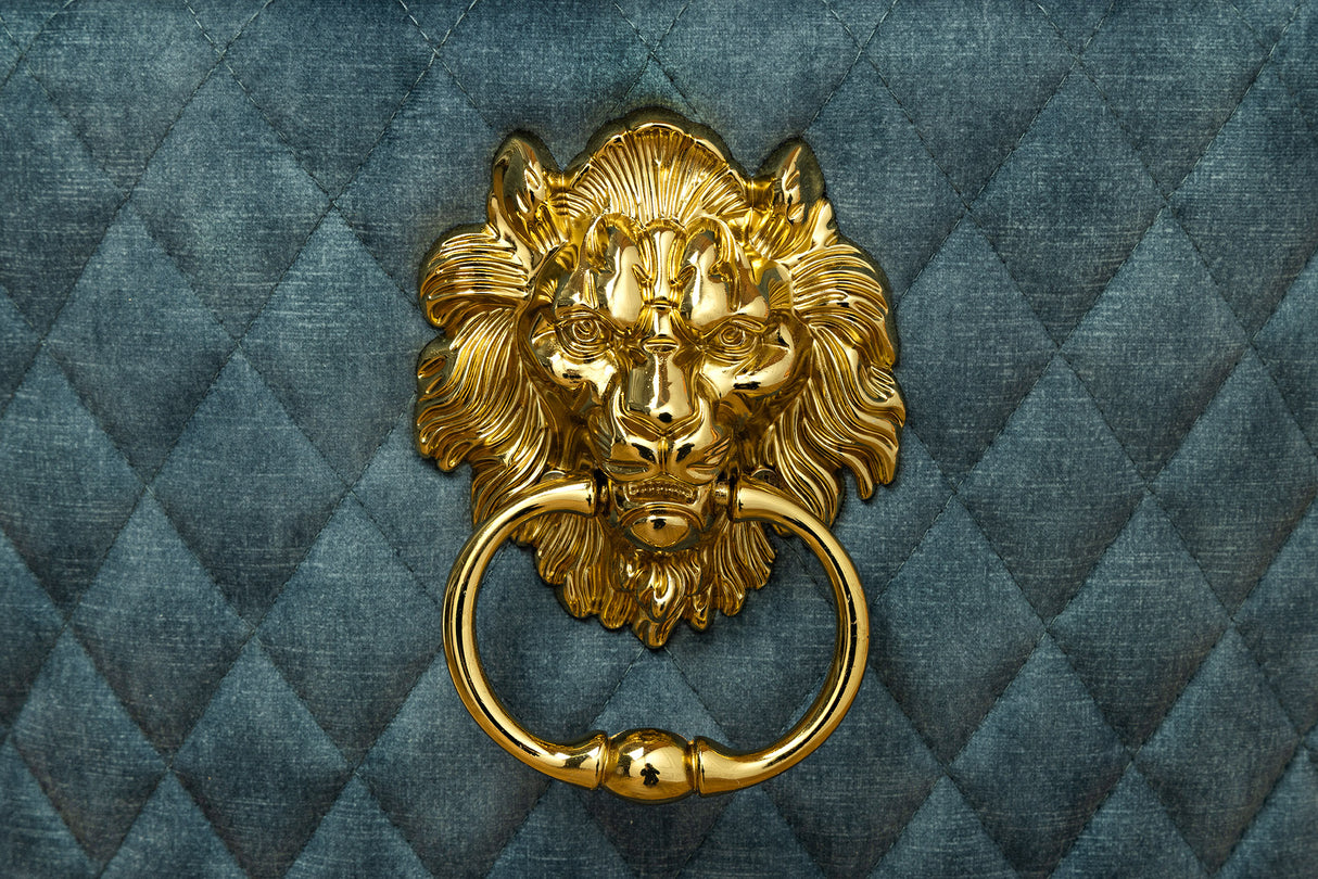 Chair CASTLE w/ lion´s head handle velvet petrol golden legs in baroque style