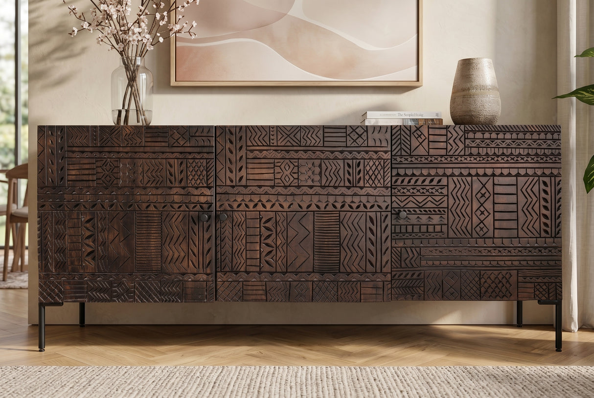 Sideboard TRIBAL 180cm 3D Antik-Look Mangoholz dunkelbraun