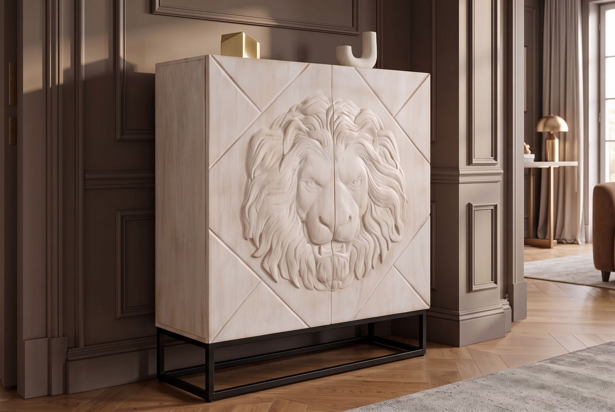 Highboard LION 120cm 3D lion front mango wood creamy w/ black metal frame