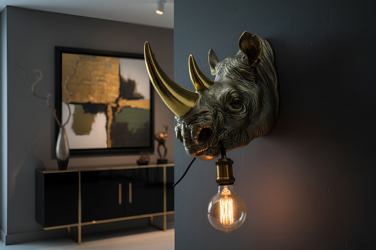 Wandleuchte RHINO 40 cm handgefertigte goldene Nashornskulptur