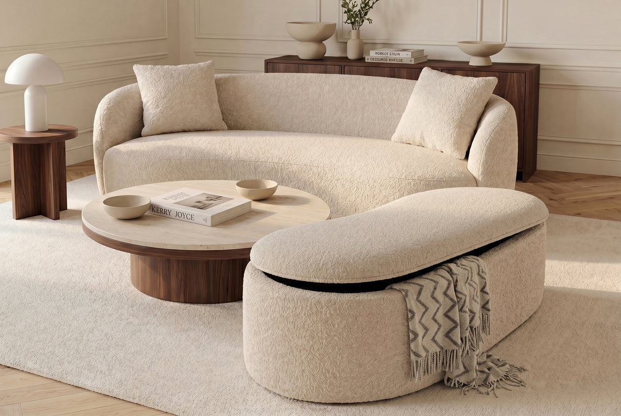 Bench chest ELEMENTAL 120cm upholstered w/ storage space bouclé champagne beige