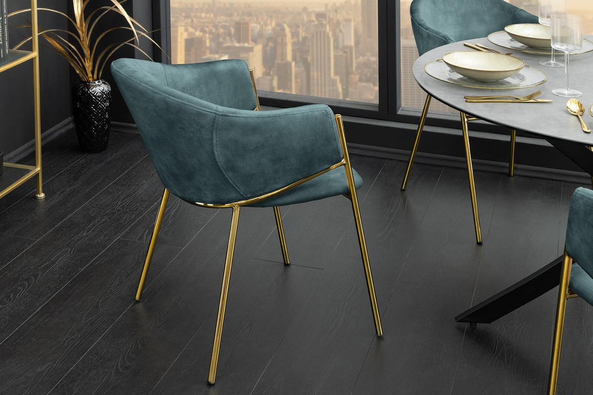 Chair NOBLESSE w/ armrests velvet teal blue golden legs