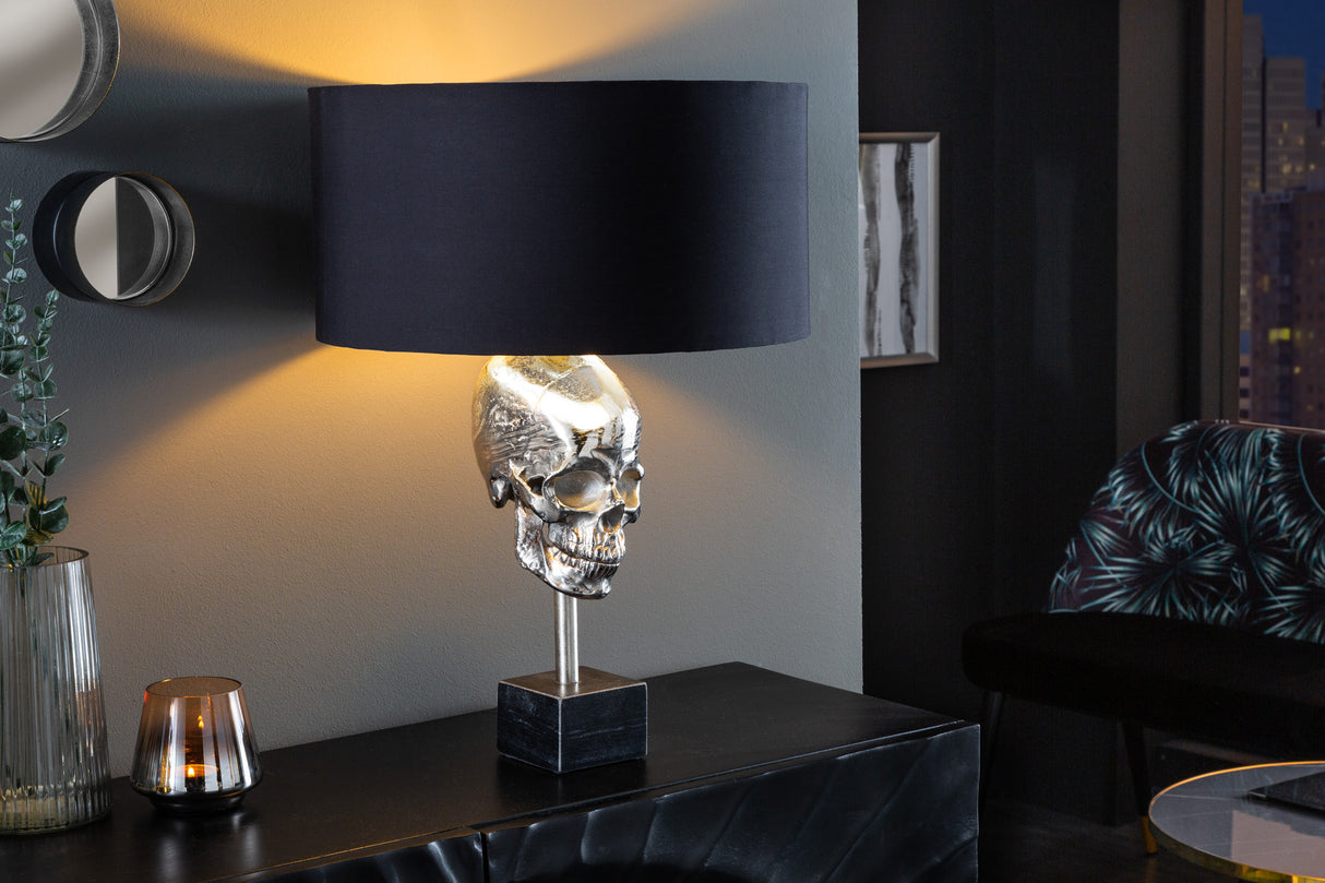 Table lamp SKULL 56cm silver cotton shade black / adjustable lampshade