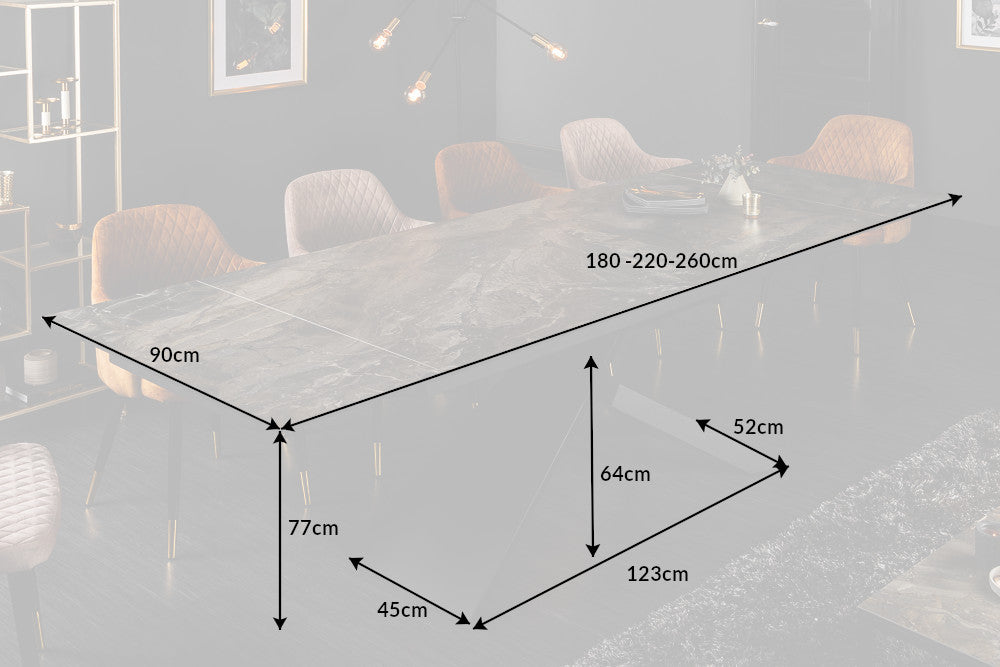 Dining table EUPHORIA 180-220-260cm ceramic marble look 10mm tempered glass