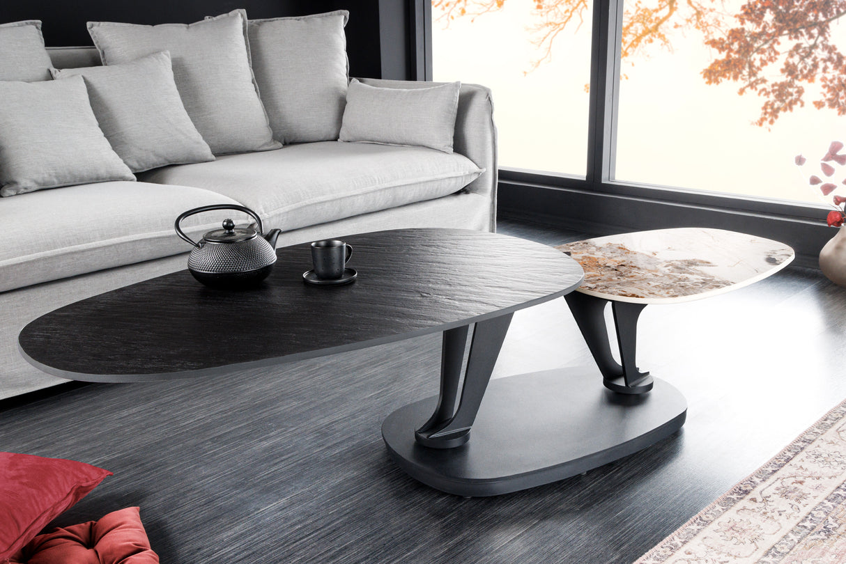 Couchtisch MOVEMENT 95-160cm Keramik schwarz und Natursteinoptik