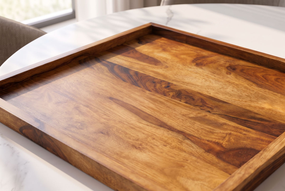 Tray MAKASSAR 50cm w/ raised edge sheesham wood brown stone finish