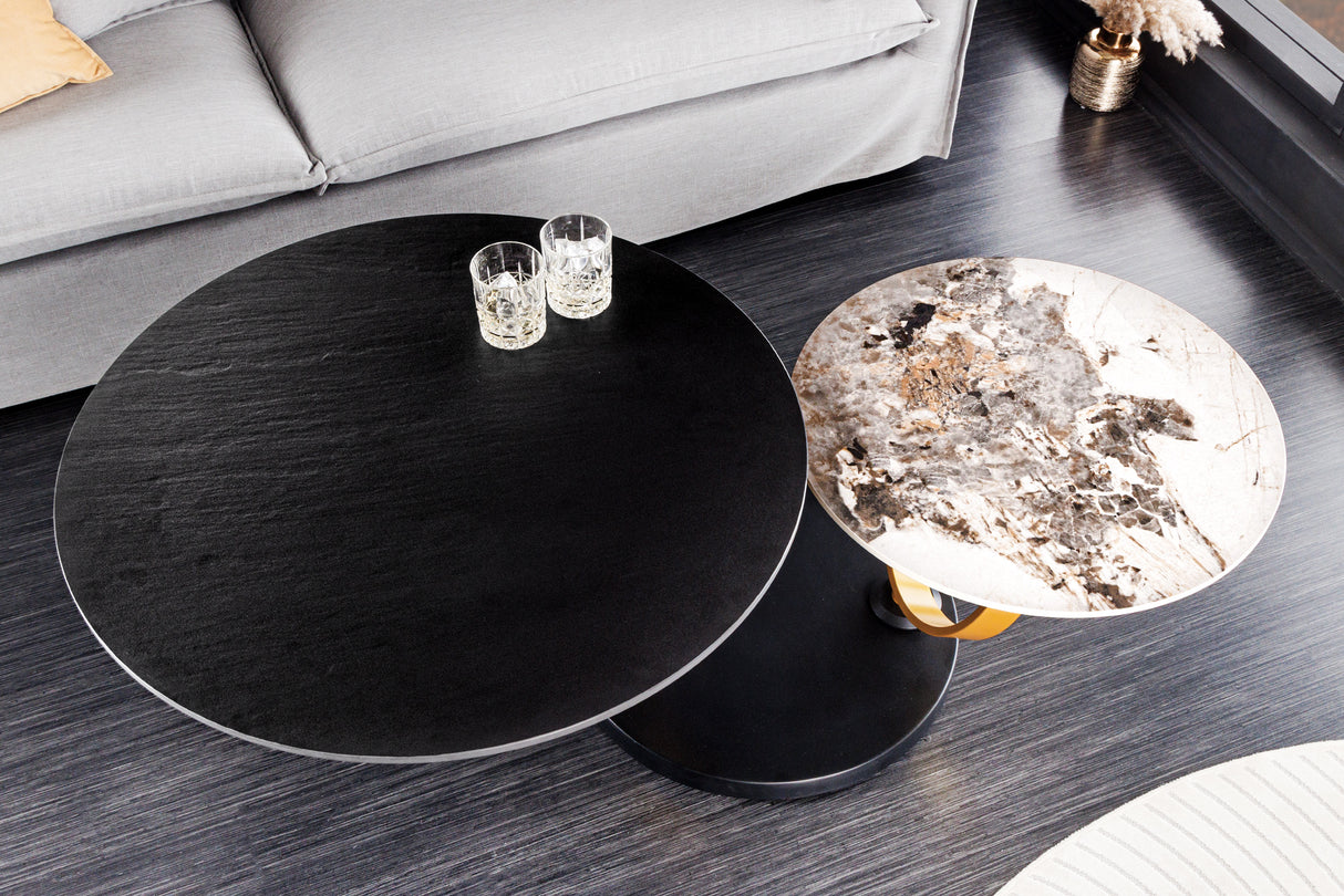 Coffee table DANCING RINGS 80-135cm rotatable ceramic black and natural stone look