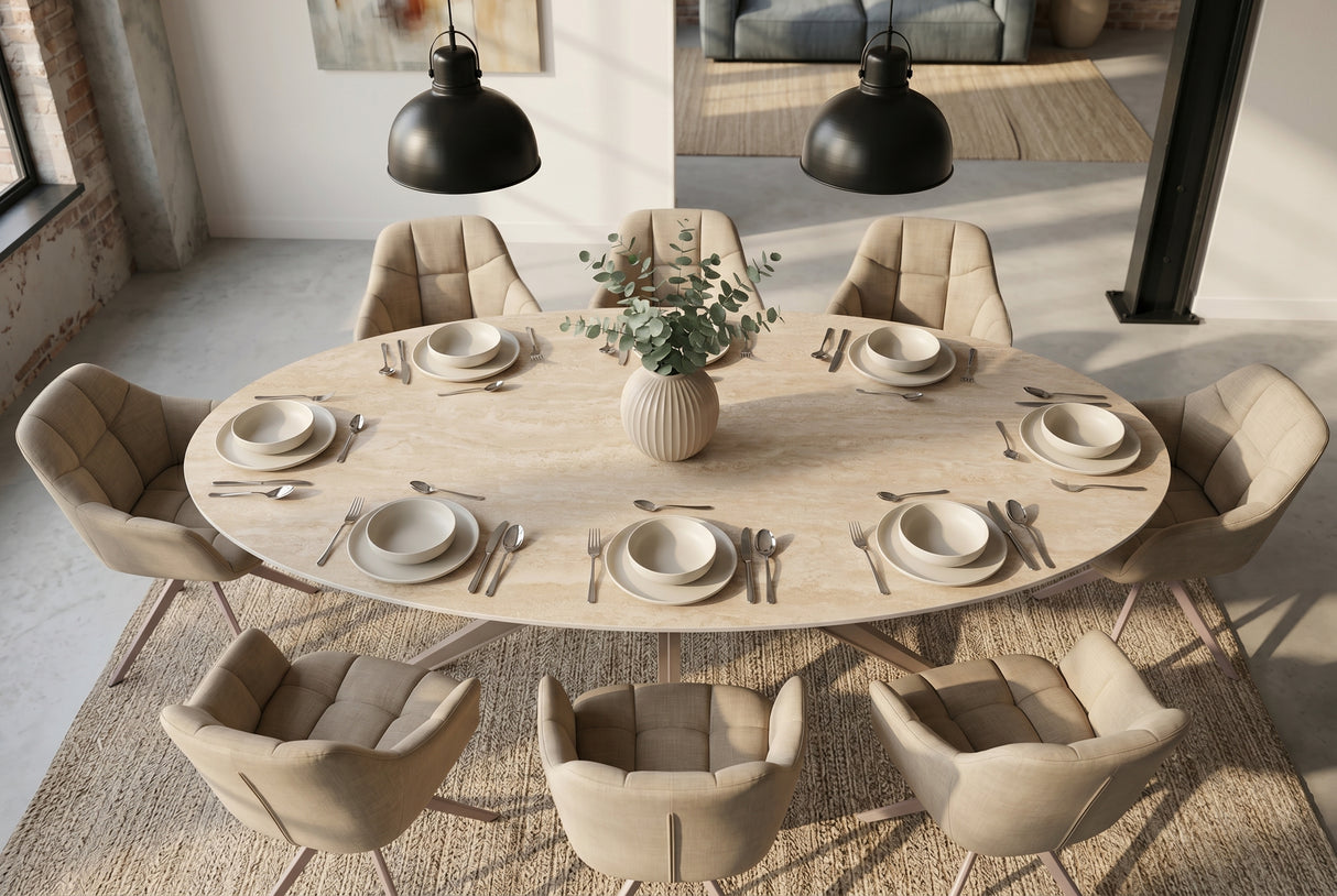 Dining table TRAVERTIN 220cm oval ceramic champagne greige