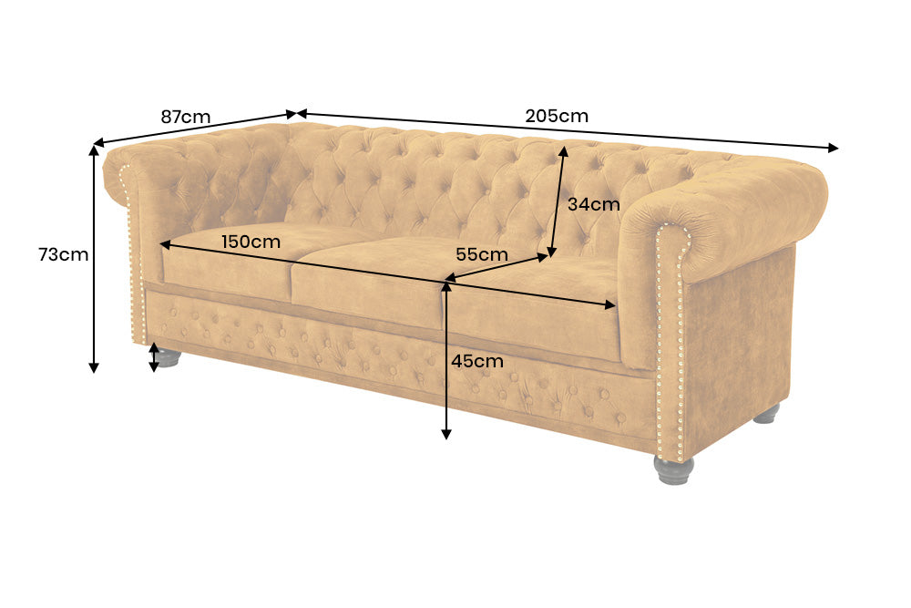 Sofa CHESTERFIELD 205cm spring core 3-seater velvet mustard yellow