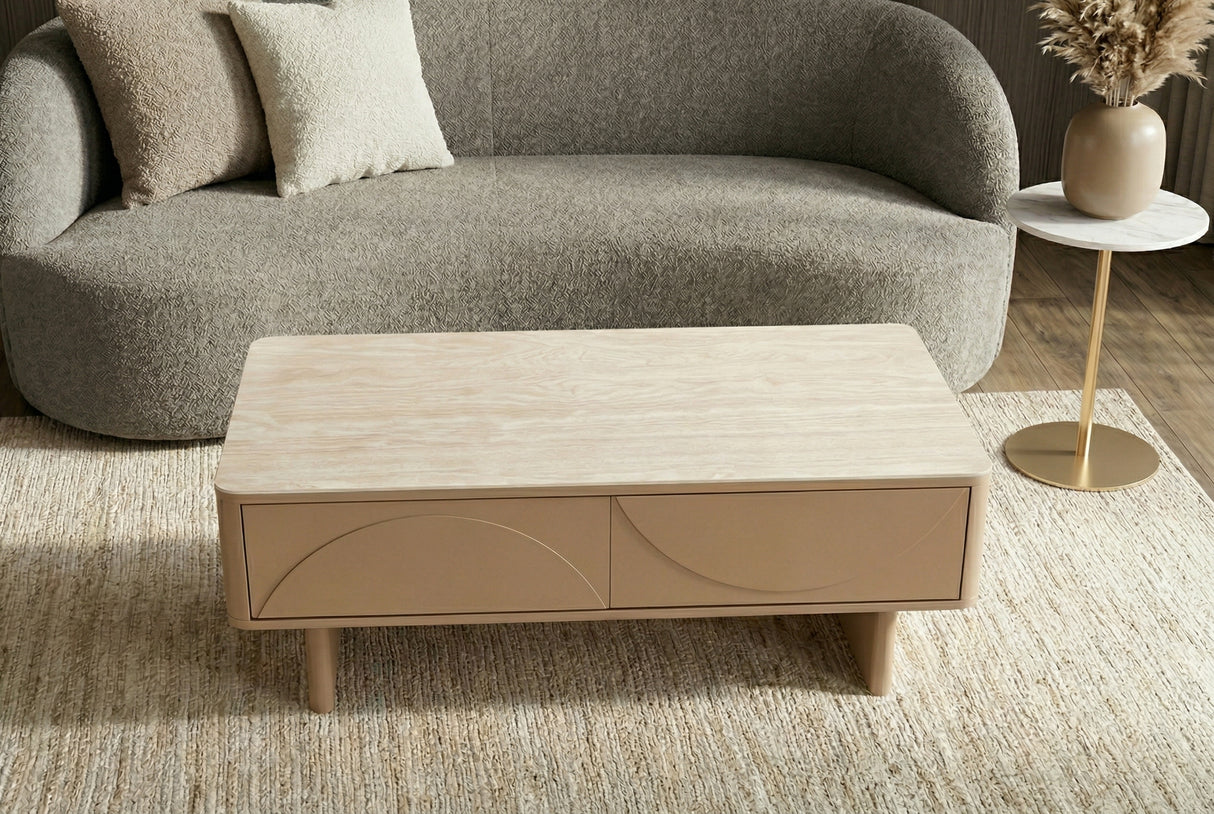 Coffee table SAVOY 120cm 3D natural w/ travertine marble ceramic top