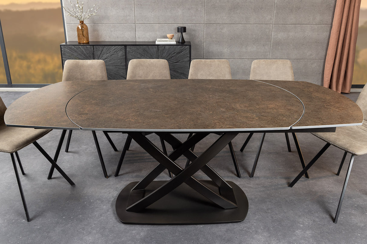 Dining table INCEPTION 130-190cm extendable w/ bronze rack oval ceramic top rust look