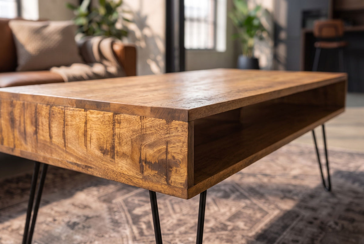 Couchtisch SCORPION 100 cm mit offenen Staufächern Mangoholz natur Haarnadelbeine