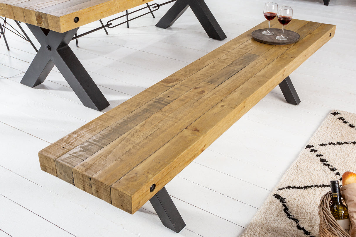 Bench THOR 200cm X-legs pine wood vintage brown