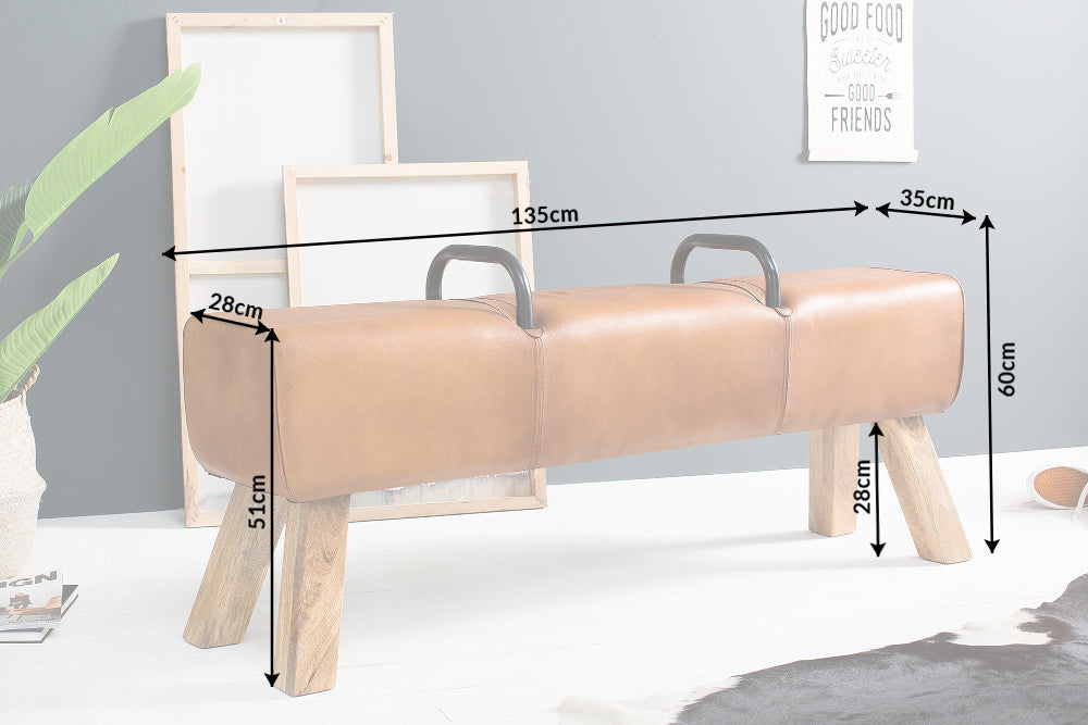 Bench BOCK 134cm with handles genuine leather light brown