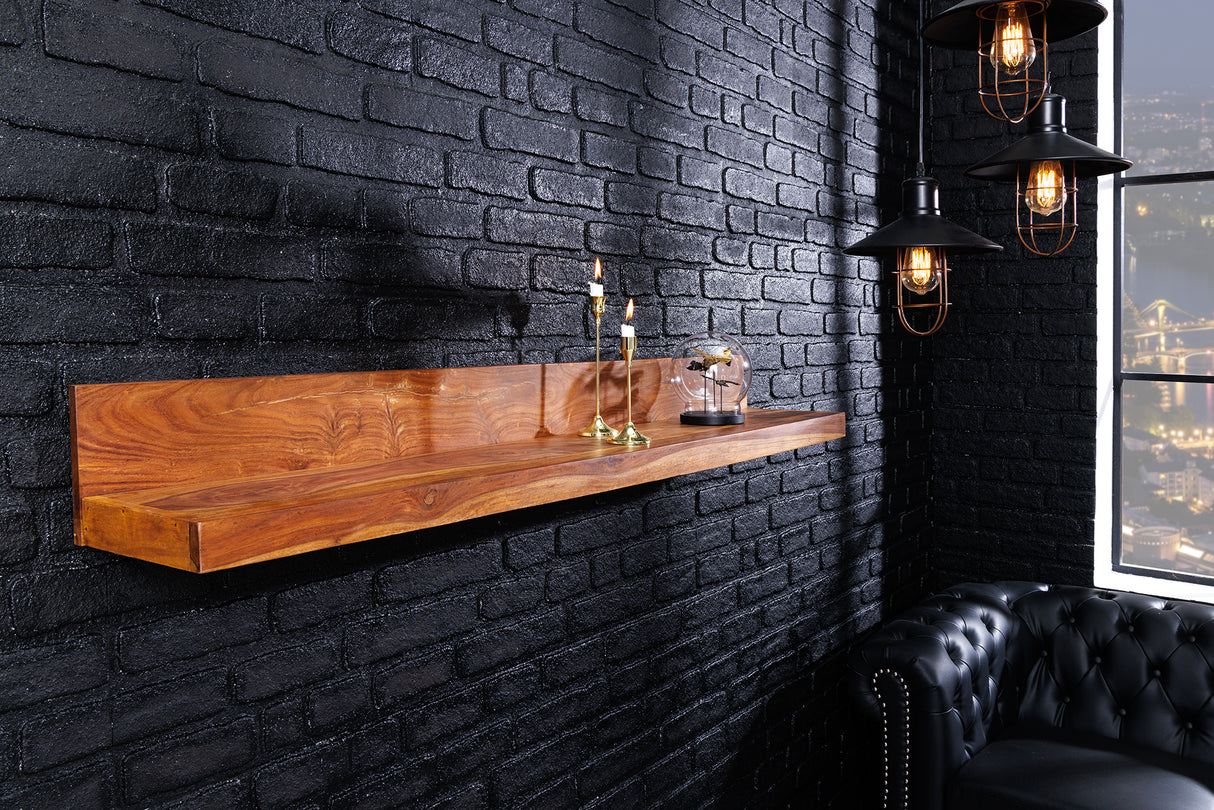 Wandregal MAKASSAR 140 cm, Naturstein-Finish, Sheesham-Holz