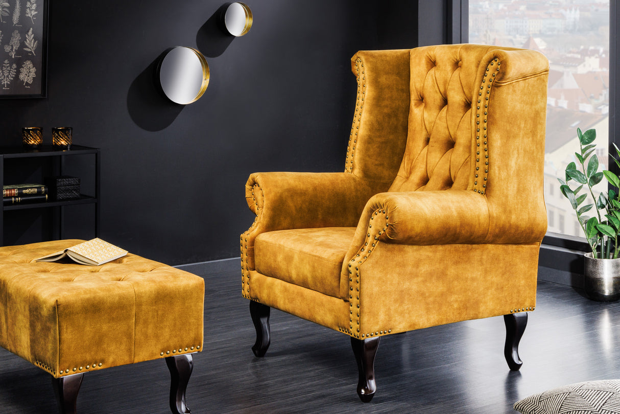 Ohrensessel CHESTERFIELD Antik-Look Samt senfgelb