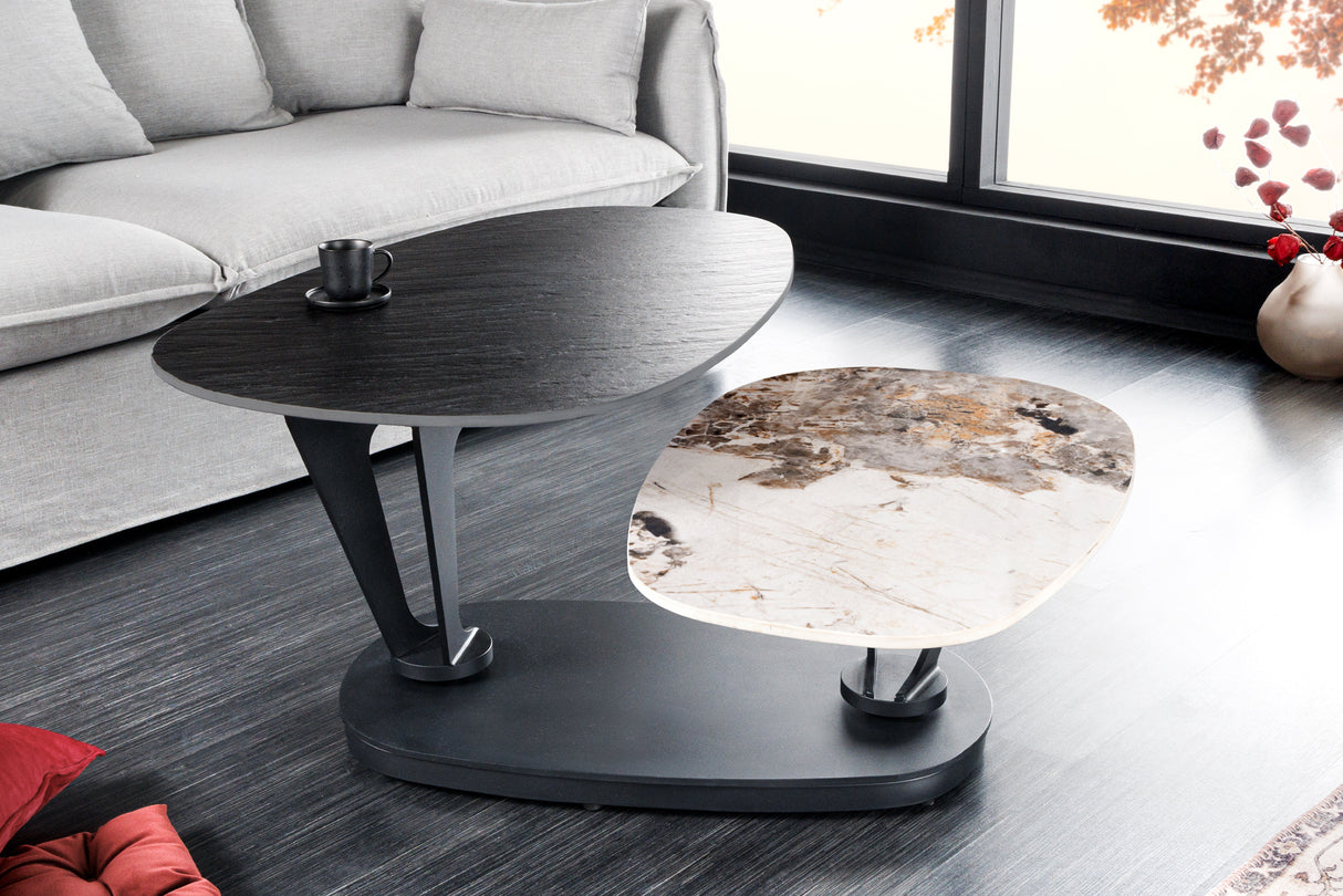 Couchtisch MOVEMENT 95-160cm Keramik schwarz und Natursteinoptik